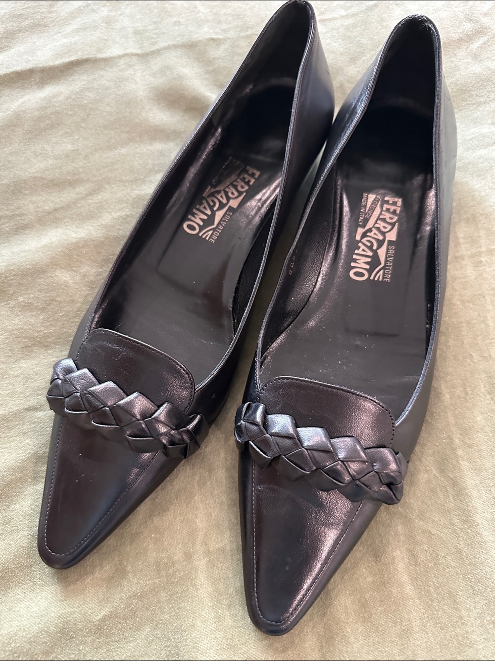 Salvatore Ferragamo Black Pointed-Toe Braided Leather Flats